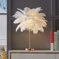 a lamp that is sitting on top of a table next to a bookshelf