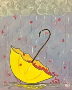 a painting of an umbrella in the rain with hearts on it's side and clouds above