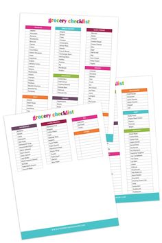 three grocery checklists with the words grocery checklist written in bright colors on them