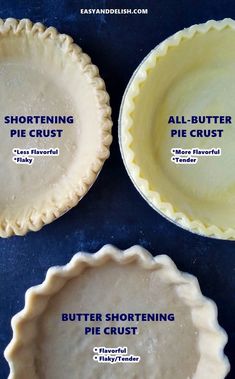 three pie crusts with the words shortening and all - butter pie crust written on them