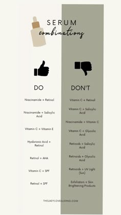 For a well-rounded skincare routine, consider incorporating a serum combination that includes a vitamin E serum for its nourishing and moisturizing properties, paired with a peptide serum for promoting collagen production and improving skin elasticity. This combination helps to hydrate the skin, reduce the appearance of wrinkles, and enhance overall skin firmness and radiance, resulting in a more youthful and rejuvenated complexion. Skin Care Routine Dos And Donts, Do Not Mix Skincare, Skincare Dos And Donts Ingredients, Skincare That Cant Be Mixed, Skincare Do And Donts, Serum Mixing Chart, Skin Care Dos And Dont, Serum Combination Chart, Face Serum Guide