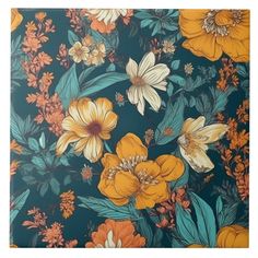 an orange and yellow flowered wallpaper with green leaves on the bottom right corner