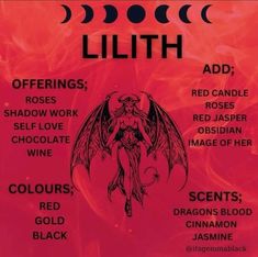 a red sign with black writing on it that says,'lulthh offerings roses shadow work self - love chocolate wine