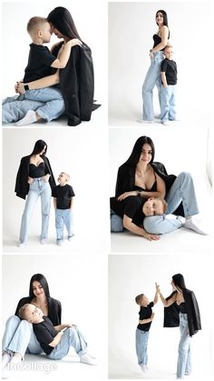 a woman is holding a baby in her lap and posing for pictures with the child