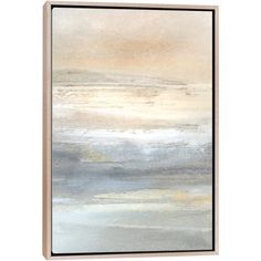 an abstract painting with white and grey colors on the canvas, framed in wood frame