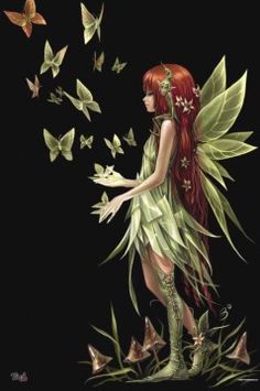 a woman with red hair and green wings is surrounded by butterflies in the dark sky