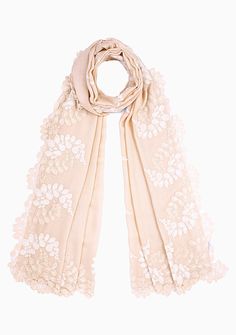 Woven from a fine silk and wool blend, this beige scarf features a bold scalloped edging in a double colour lace border created from a combination of a contrasting ivory and tonal beige colour. A very fashionable and contemporary addition to any day or evening wear all year-round. Elegant Beige Shawl For Spring, Elegant Lace Dupatta, Beige Pashmina Dupatta, Elegant Beige Dupatta With Lace Work, Elegant Beige Dupatta For Spring, Elegant Cream Dupatta With Lace Work, Elegant Beige Lace Dupatta, Elegant Shawl Scarf With Lace Trim, Beige Pashmina Scarf For Wedding