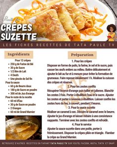 the recipe for crepes suzette is displayed on a plate