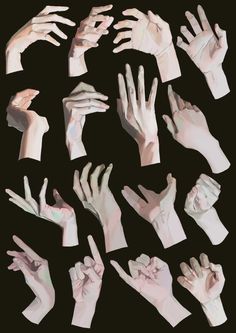 many hands are shown with different angles and shapes to show the various gestures that each hand is holding