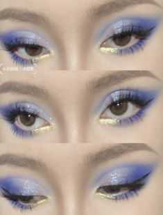 three different pictures of blue eyes with glitter on them