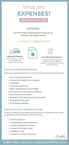 📢 Attention all business owners! Are you familiar with the different types of expenses in QuickBooks? Let me break it down for you:

1️⃣ Operating Expenses: Costs incurred during the day-to-day operations of your business.

2️⃣ Non-Operating Expenses: Expenses that do not directly relate to your core business operations. They are typically one-time or irregular costs. 

Understanding Expenses helps you track where your money goes and make informed decisions to improve profitability. Business Finance Management, Accounting Education, Estate Planning Checklist, Accounting Basics, Accounting Student, Small Business Bookkeeping, Bookkeeping Business