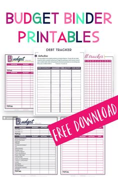 the budget binder printables are shown in three different colors and sizes, with text