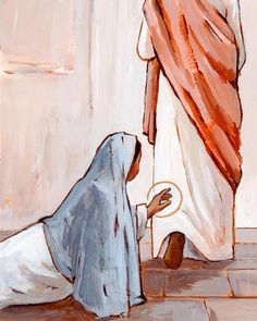 a painting of a woman kneeling down next to a man with a cross in his hand