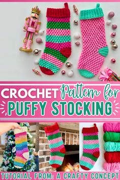 The crochet Puff Stitch Stocking combines classy puff and rib stitches for a timeless look, inspired by the Claire bun beanie. It's easy for those familiar with similar patterns, using an H (5.0 mm) and J (6.0 mm) crochet hook. The tutor suggests using self-striping or solid yarn and mentions its versatility for holiday decor. You can hang it on a mantle or use it for gifts. Crochet Puff Stitch, Granny Christmas, Stocking Tutorial, Crochet Christmas Stocking Pattern, Crochet Stocking