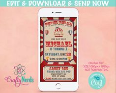 an iphone with the text, edit and printable birthday party ticket for kids on it