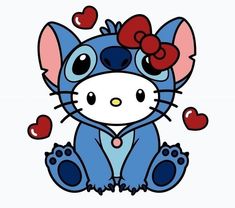 a cartoon cat with hearts on it's nose and ears, sitting down in front of