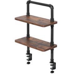 two tiered wooden shelf with black pipe handles