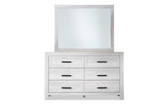 a white dresser and mirror against a white background