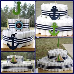 a collage of photos showing different ways to decorate a diaper cake with an anchor