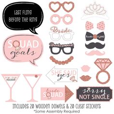 pink and black wedding photo booth props with speech bubble sayings, such as bachelor's last fling before the ring