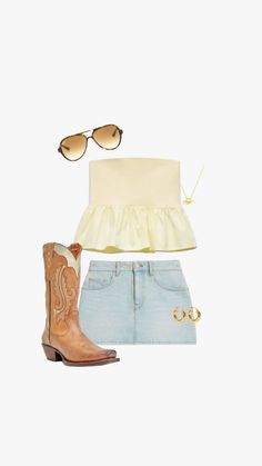 a pair of shorts and boots with a tank top, cowboy boots, and sunglasses