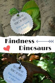 two dinosaur tags with the words kindness and i love you more than me on them