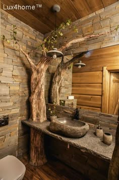 a person holding a plant in front of a bathroom with stone walls and wood flooring