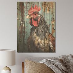 a rooster standing in front of a wooden wall