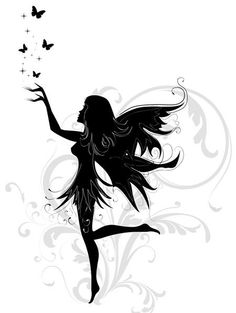 a black and white drawing of a fairy with butterflies flying around her body, on a white background