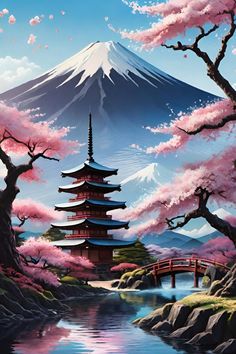 a painting of a japanese pagoda with cherry blossoms in the foreground and a mountain behind it