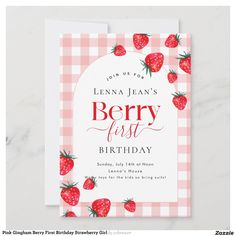 a birthday card with strawberries and gingham checkered pattern on the front