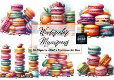 colorful macaroons are stacked on top of each other with the words watercolor macaroons above them