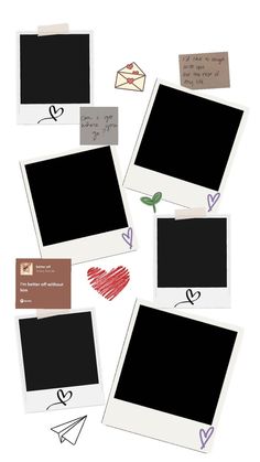 several polaroid frames with hearts and envelopes on them