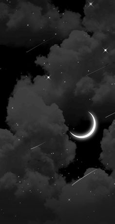 the night sky is filled with stars, clouds and a crescent in the foreground