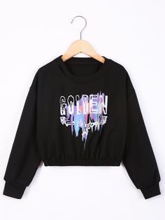 Preto Casual Collar Manga Comprida Tecido Letra Pulôveres Embellished Não elástico Primavera / Outono Roupa Meninas Cool Tomboy Outfits, Cool Tomboy, Girls Fall Outfits, Crop Top Hoodie, Tomboy Outfits, Cute Crop Tops, Girl Sweatshirts, Black Casual