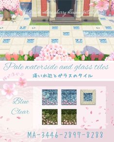 an advertisement for a flower shop with pink flowers and blue glass tiles on the front