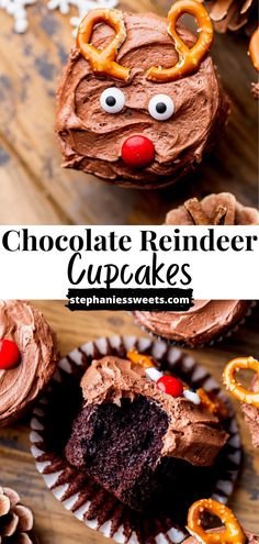 chocolate reindeer cupcakes with frosting and pretzels in the middle on a wooden table