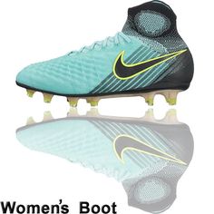 the nike women's boot is shown in blue and black with yellow lettering on it