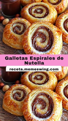 Imagen de espirales de hojaldre rellenas de Nutella, doradas y crujientes, servidas en un plato, perfectas para un postre o merienda dulce. Nutella