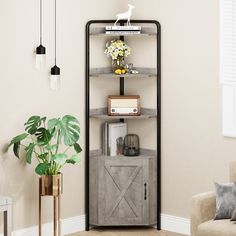 a living room with a couch, chair and book shelf