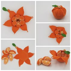 four different pictures of oranges with leaves and flowers on them, all made out of crochet