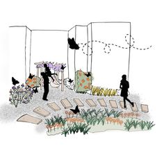 an artist's rendering of a garden with birds and flowers