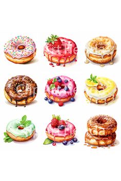 six donuts with different toppings are shown in this illustration, each one has a strawberry on top