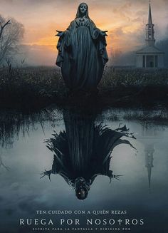 a movie poster with the image of a nun standing in front of a body of water