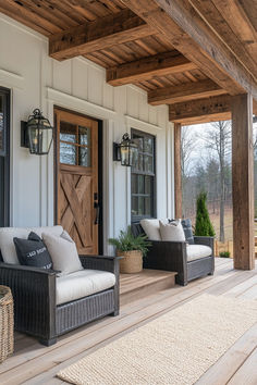 the front porch is covered with wicker furniture