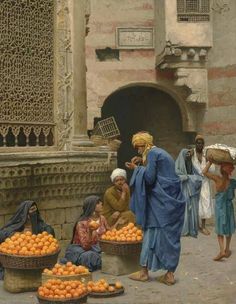 an old painting of people selling oranges