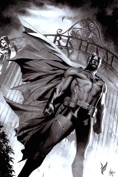 a drawing of batman standing in front of a building with his cape open and hands on his hips