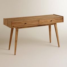 a wooden table with two drawers on one side and an open drawer on the other