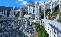 an image of a futuristic city in the middle of mountains and trees with lots of greenery