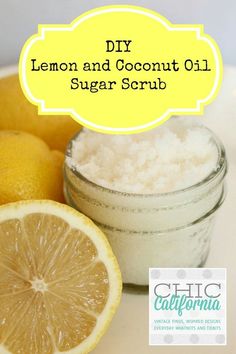 DIY Lemon and Coconut Sugar Scrub:  Measure 2 cups of sugar into a bowl and slowly add 1 cup of melted coconut oil. Mix until your sugar and coconut oil are combined. Your mixture should be more sugary than oily.  Next add about 40-50 drops of Lemon Essential Oil. I love using Lemon Oil because it is antibacterial and antifungal so it’s perfect for the kitchen. And it just smells so good! But if lemon is not your thing you can supplement any other citrus oil or even lavender. Lemon And Coconut, Coconut Oil Sugar Scrub, Health Coconut Oil, Diy Coconut, Diy Coconut Oil, Coconut Oil Uses